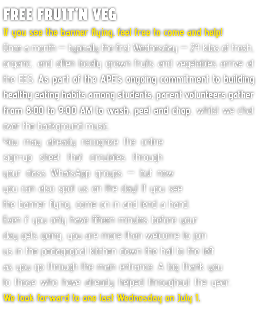 Free Fruit’n Veg If you see the banner flying, feel free to come and help! Once a month — typically the first Wednesd...